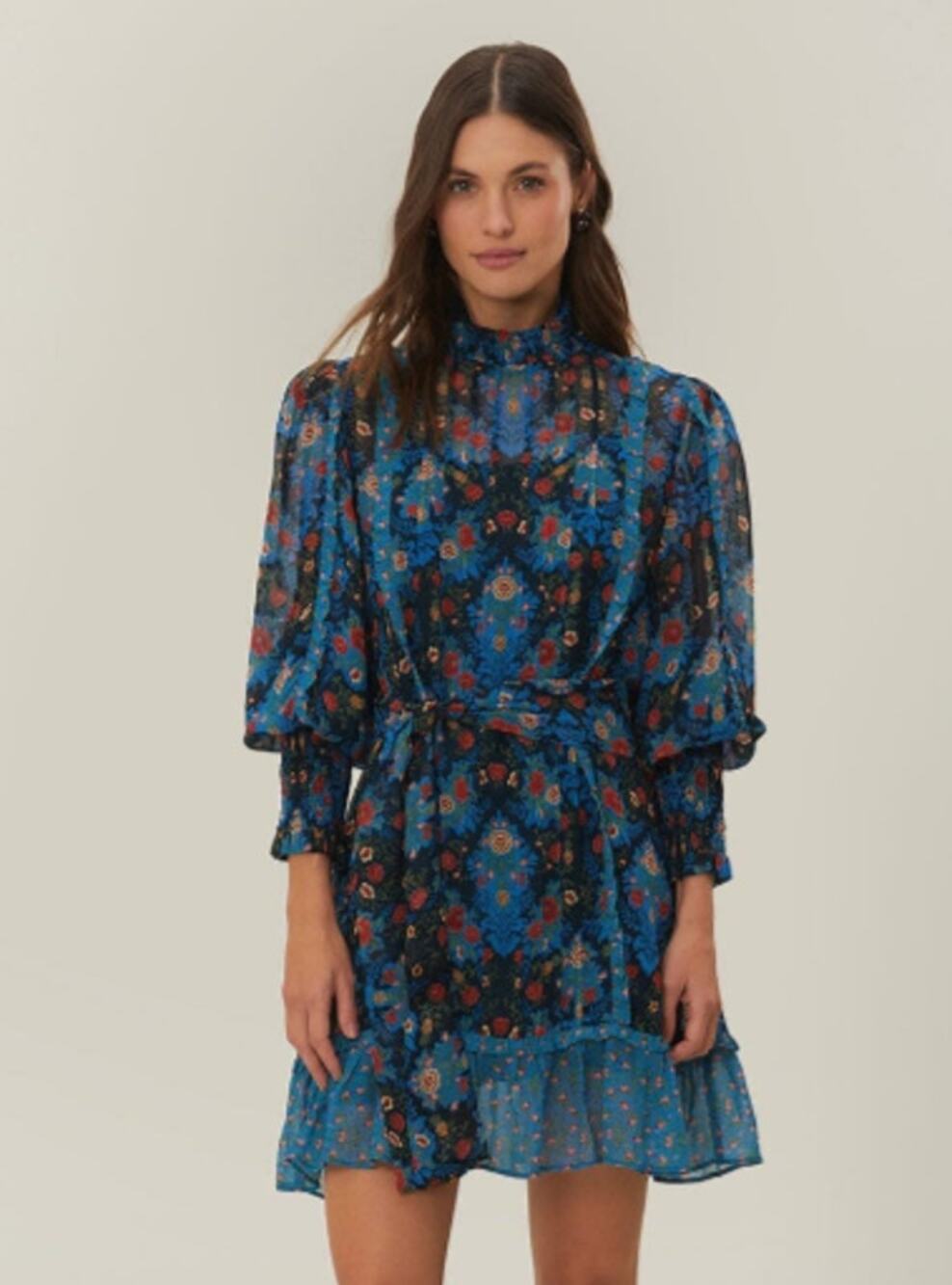 FARM RIO Blue Arabesque Dress NWT Floral High Neck Long Sleeve Women's XXS